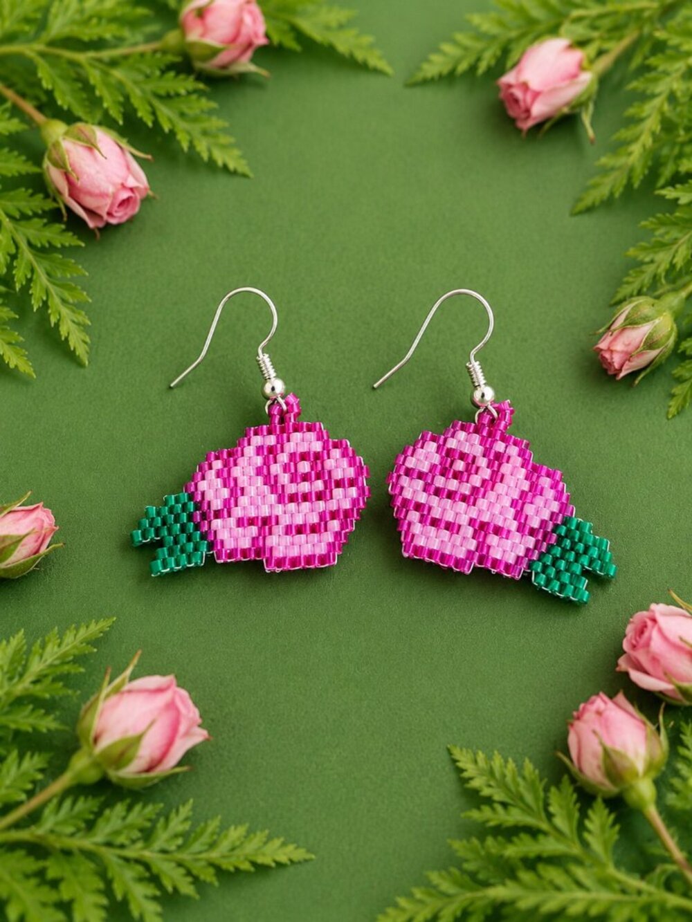 Handcrafted Pink Rose Beaded Earrings 🌸✨